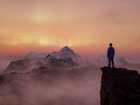 Adventure Man on top of Rocky Mountain Landscape. Nature Background. Cloudy Sky at Twilight with stars and northern lights. 3d Rendering. 3D Illustration